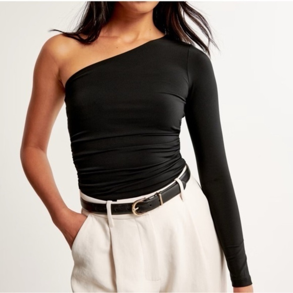 A&F Long-Sleeve Slinky Jersey Asymmetrical Ruched Top - Black